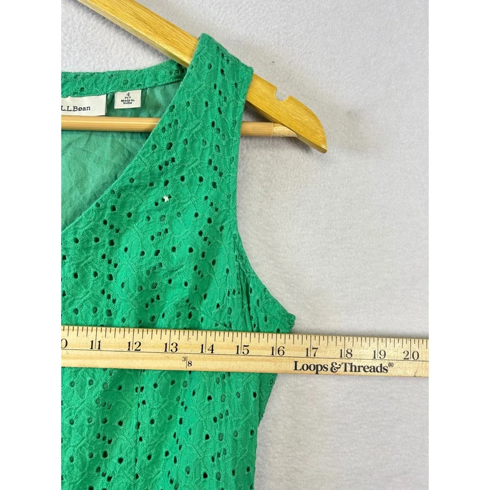 LLBean‎ Green Eyelet V Neck Sleeveless A Line Dress Size 4